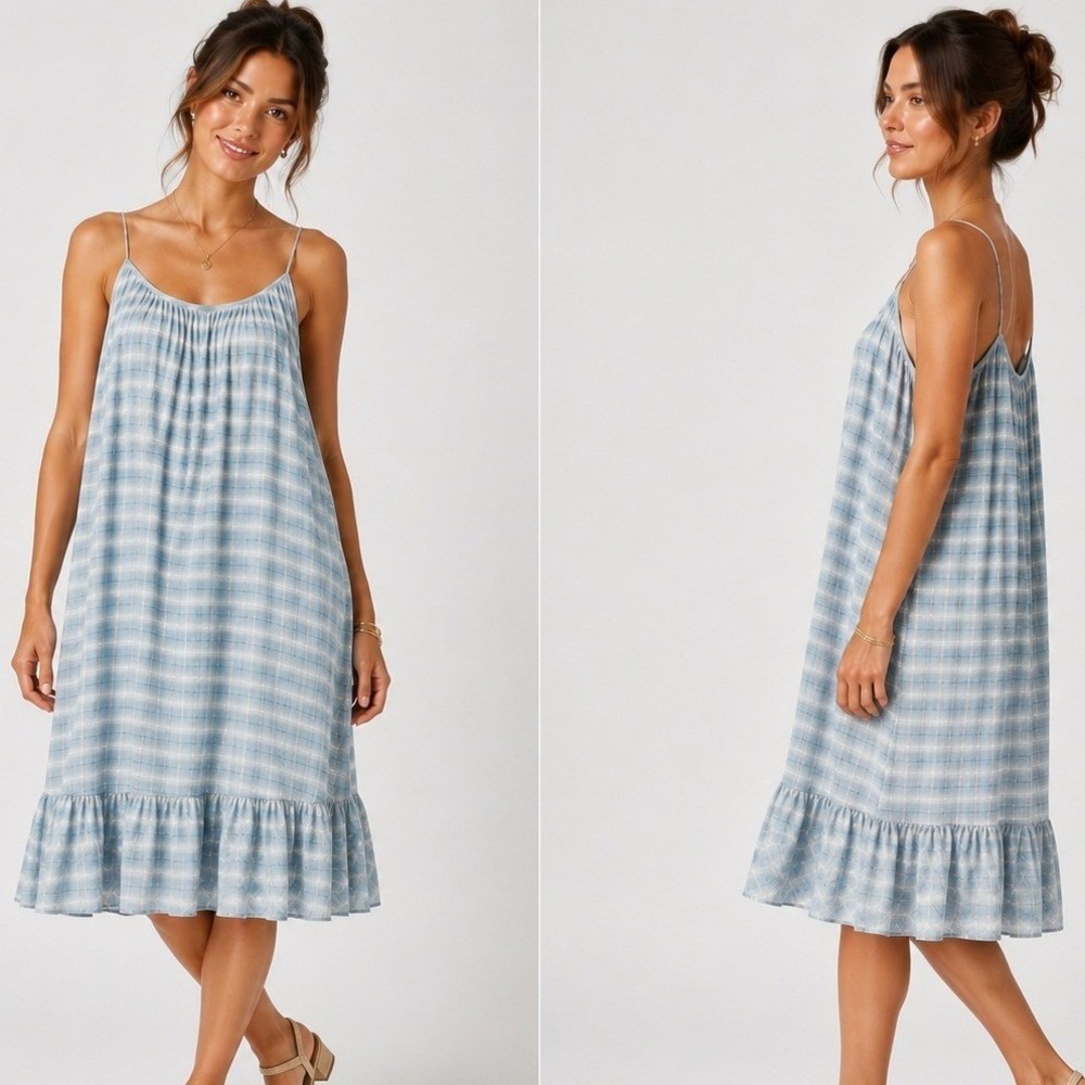 Storia Boho Cottagecore Plaid Ruffle Hem Sundress Women Large Light Blue Cotton